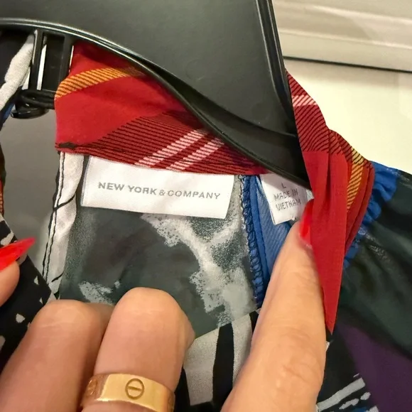 New York & Company Vibrant Red and Blue Patterned Blouse - Picture 6 of 6